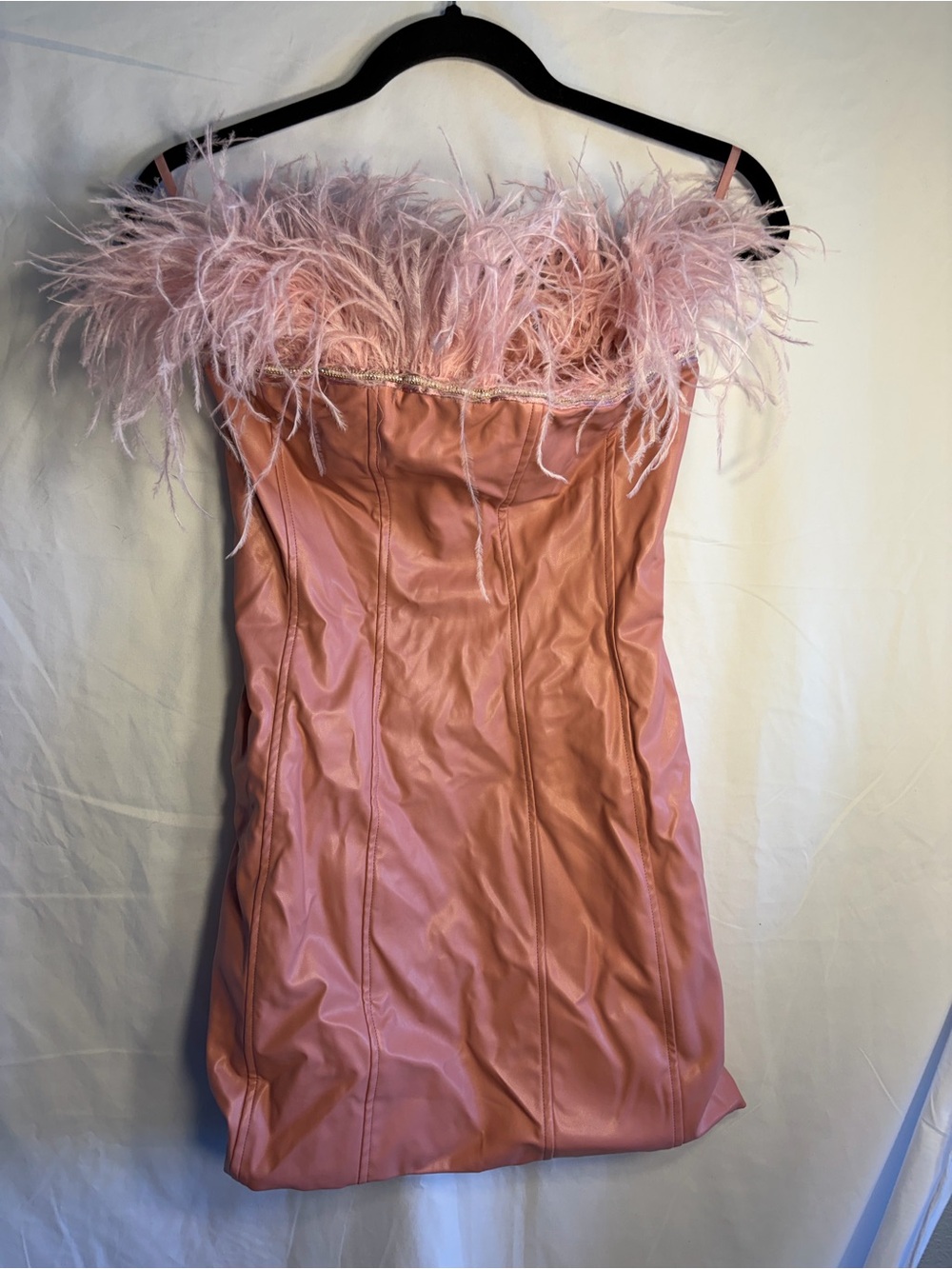 Alamour The Label Coral Pink Feather-Trim Satin Dress